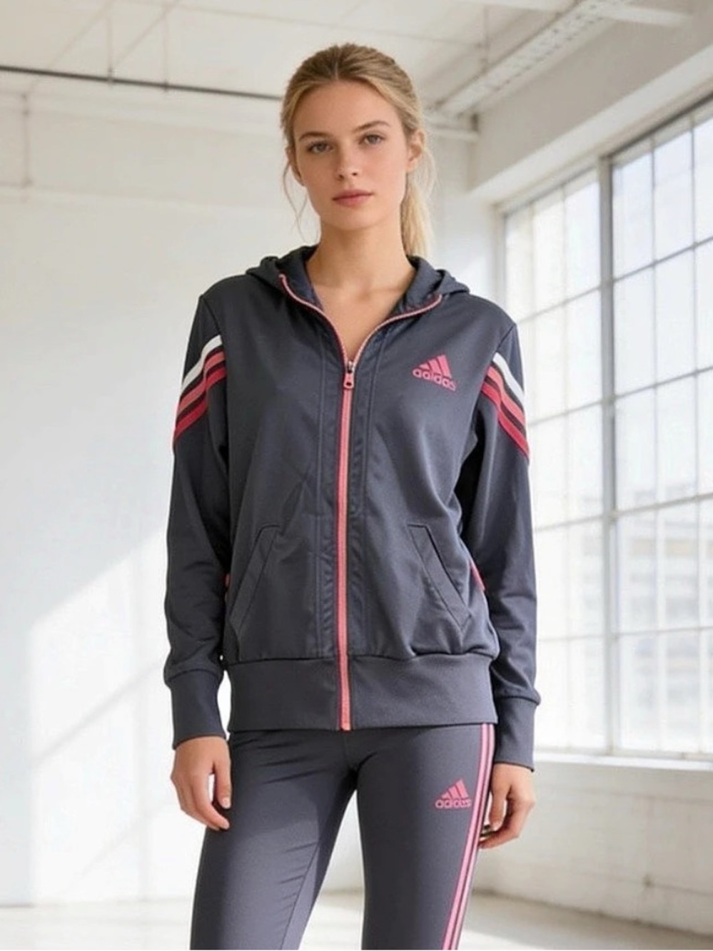 adidas Striped Hooded Track Jacket Blue & Pink Medium Like New